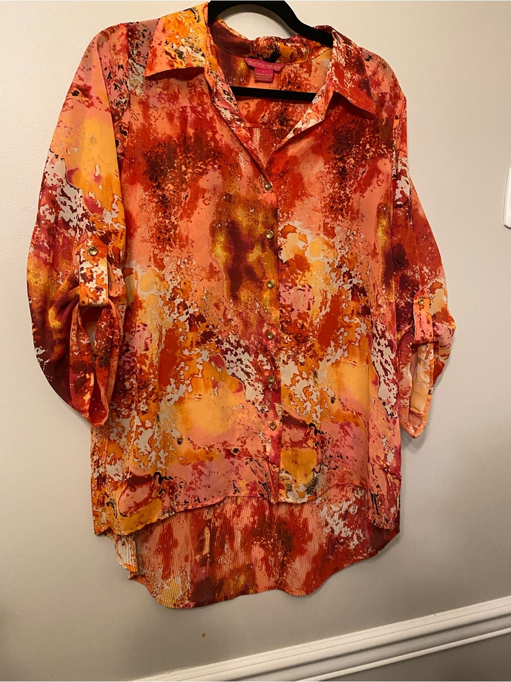 Sunny Leigh Abstract Button-Front Blouse in Orange and Pink